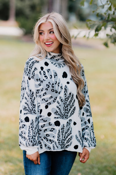 Grey and Cream Animal Mix Print Balloon Sleeve Knit Top