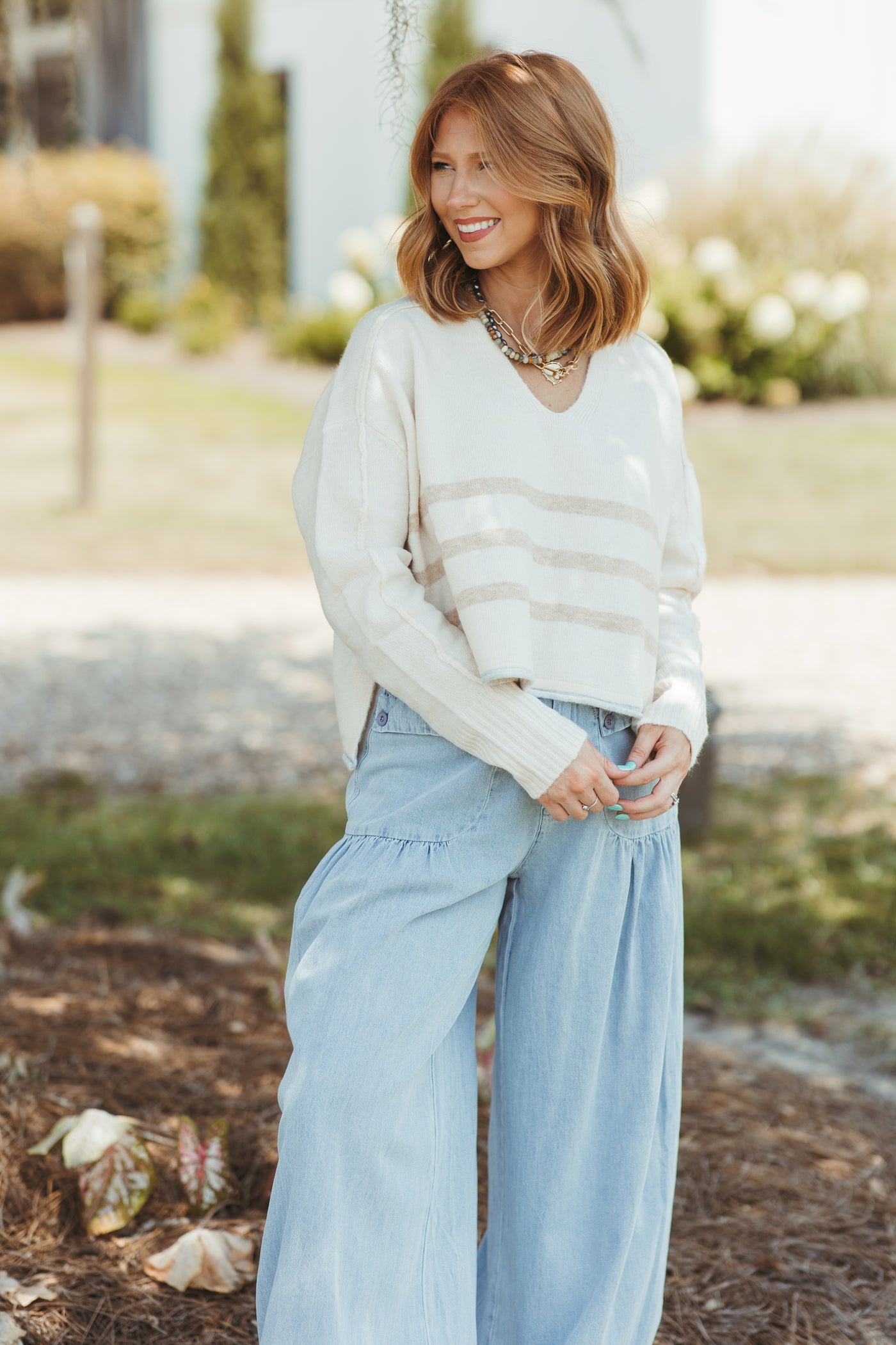 Cream Multi Striped Cropped Loose Fit Sweater