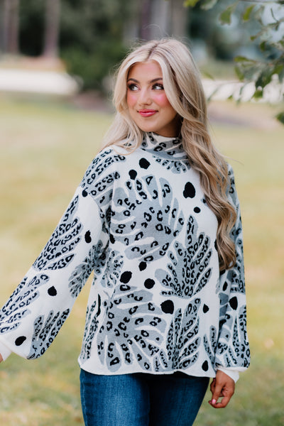 Grey and Cream Animal Mix Print Balloon Sleeve Knit Top