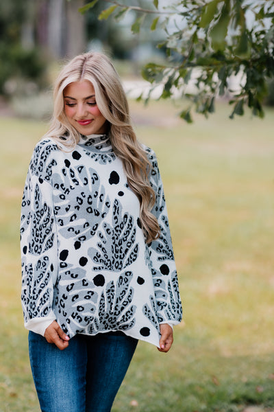 Grey and Cream Animal Mix Print Balloon Sleeve Knit Top