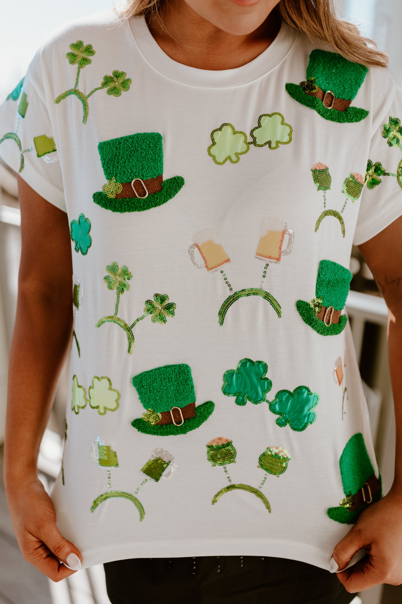 Queen Of Sparkles White St. Patrick's Day Sunglass, Hat & Headband Icon Tee