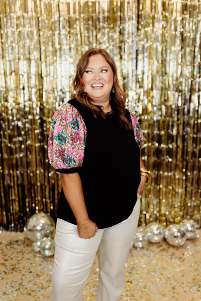 Black Sequin Puff Sleeve Top