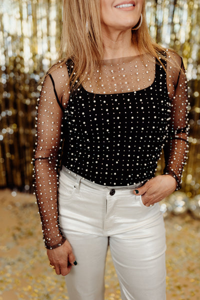 Black Pearl Beaded Mesh Top