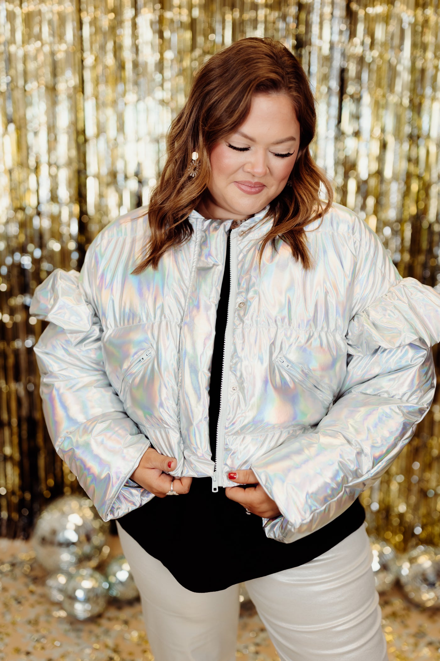 Light Grey Iridescent Ruffle Puffer Jacket