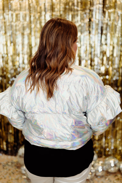 Light Grey Iridescent Ruffle Puffer Jacket