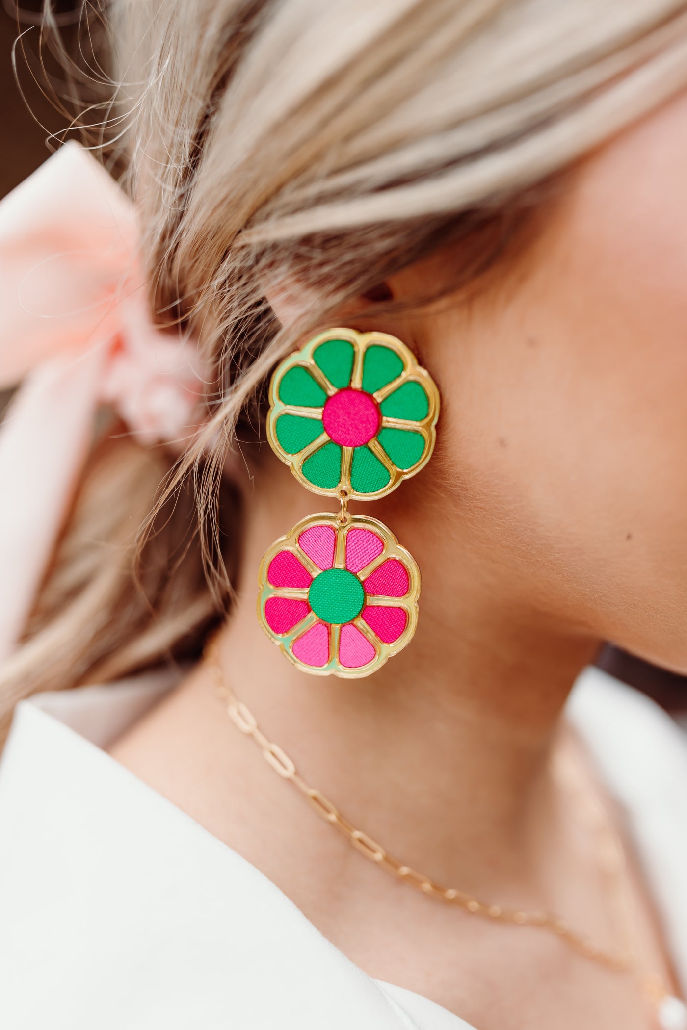 Bohemian Gemme Kelly Green Colorblock Double Flower Earrings