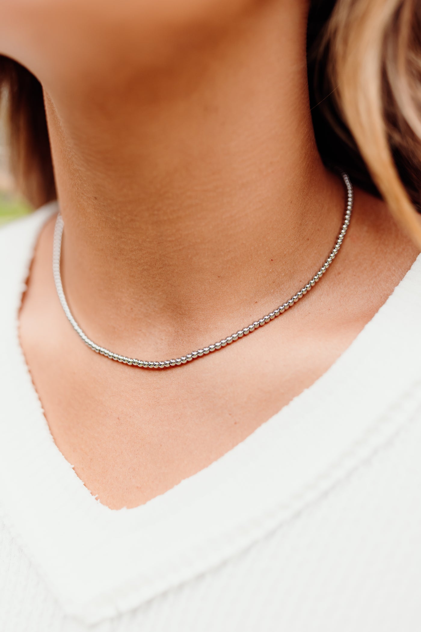 Silver Stainless Steel Dainty 3mm Beaded Chain Necklace