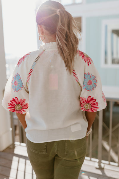 Cream Floral Embroidery Puff Sleeve Top