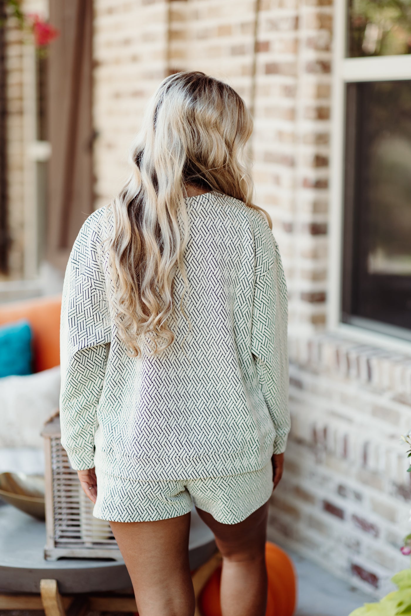 Cream and Grey Jacquard Textured Lounge Pullover and Short Set