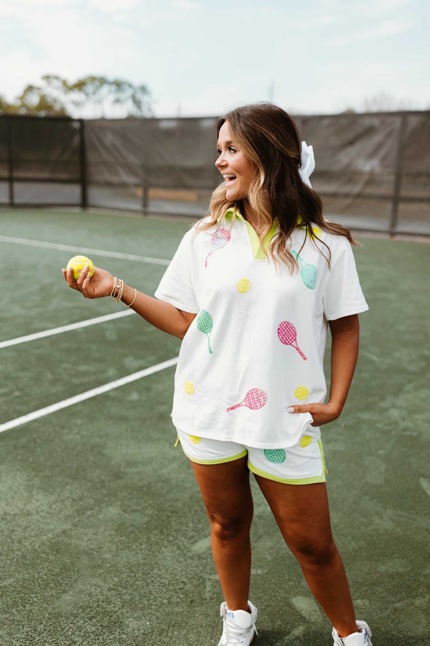 Light Green Tennis Sequin Embroidery Top & Short Set
