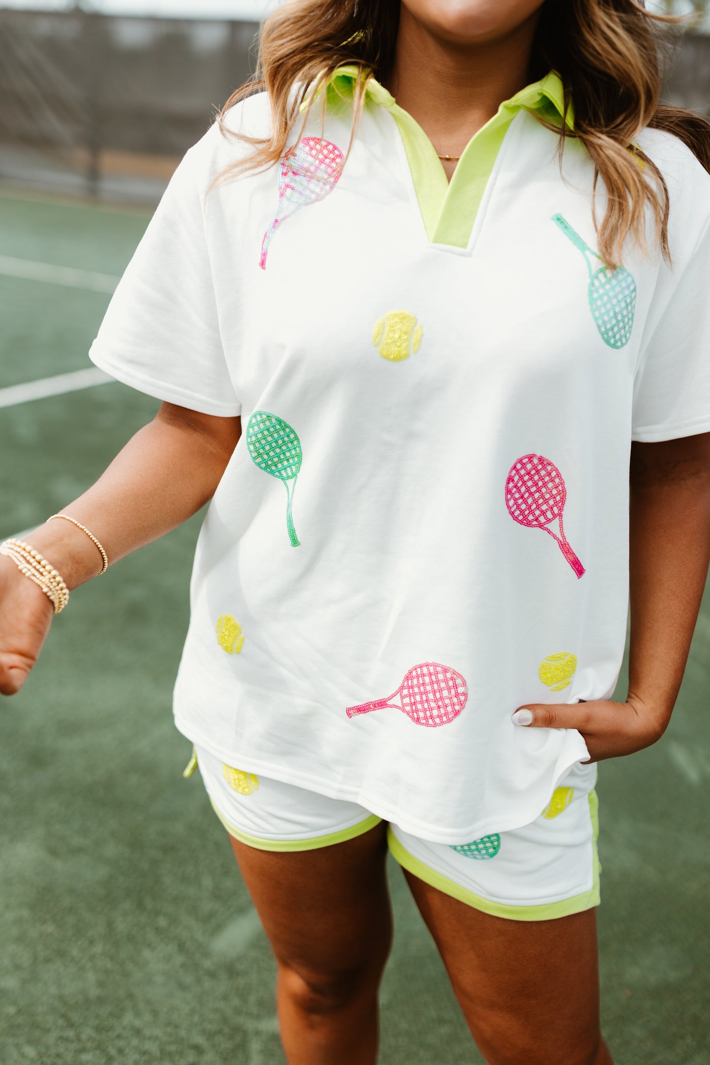 Light Green Tennis Sequin Embroidery Top & Short Set