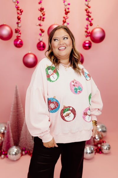 Pink Corduroy Sequin Embroidered Ornaments Sweater