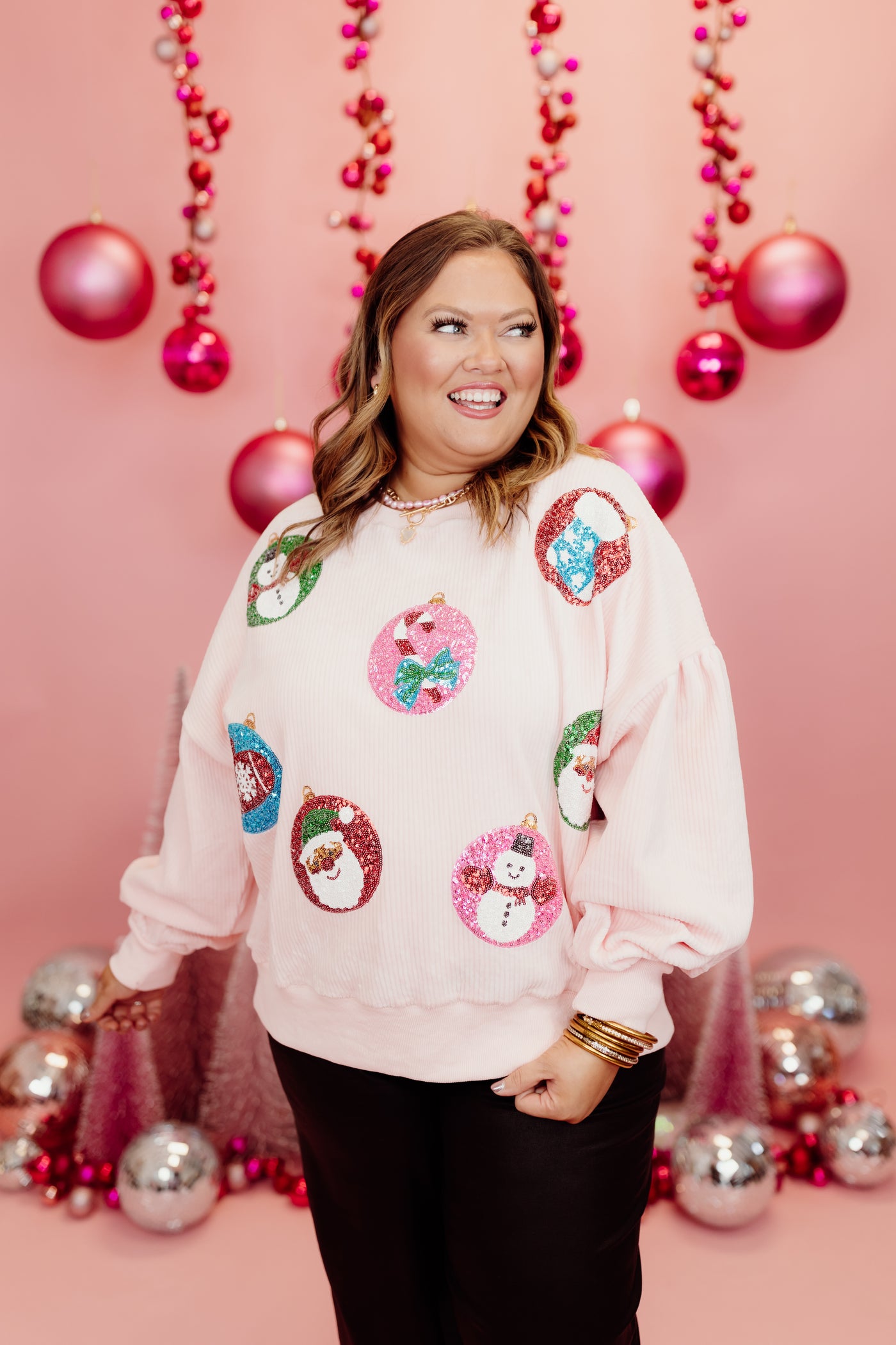 Pink Corduroy Sequin Embroidered Ornaments Sweater