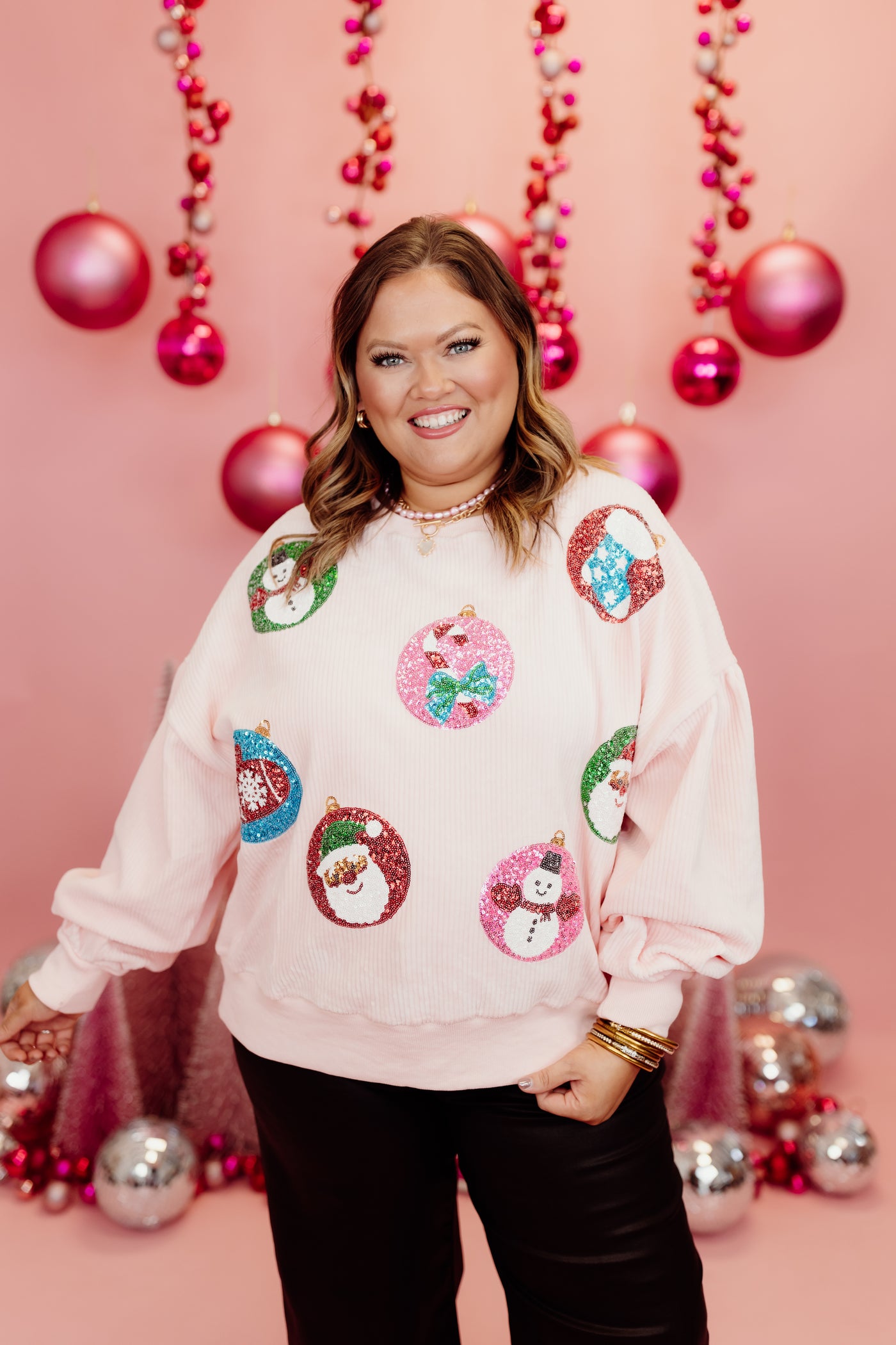 Pink Corduroy Sequin Embroidered Ornaments Sweater