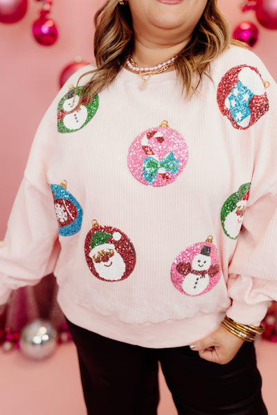 Pink Corduroy Sequin Embroidered Ornaments Sweater