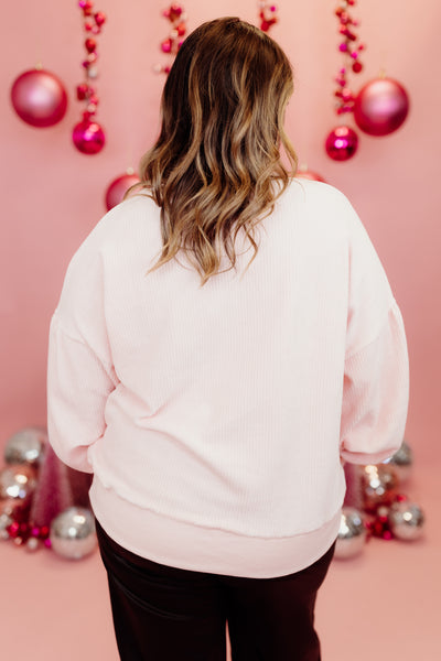 Pink Corduroy Sequin Embroidered Ornaments Sweater