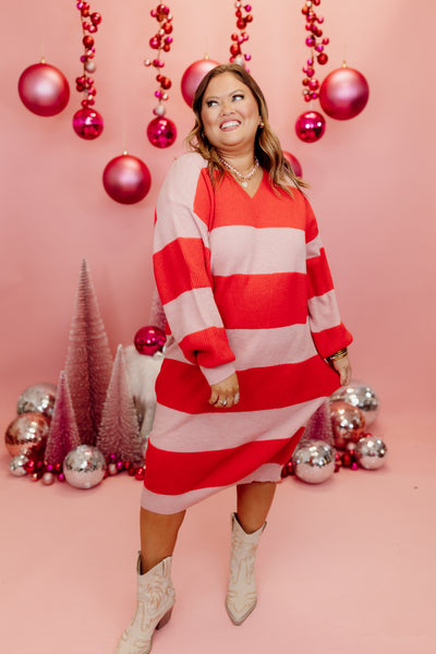 Red and Pink Striped V-Neck Long Sleeve Midi Dress