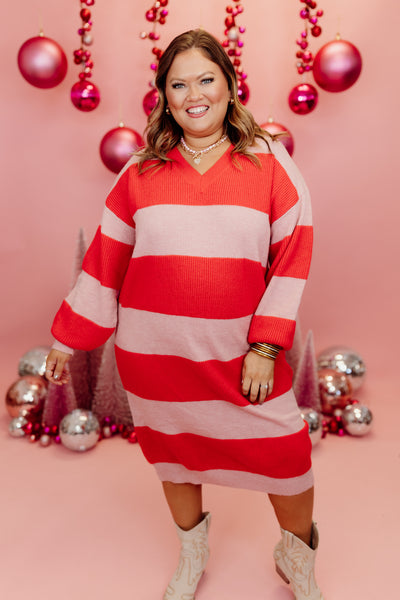 Red and Pink Striped V-Neck Long Sleeve Midi Dress