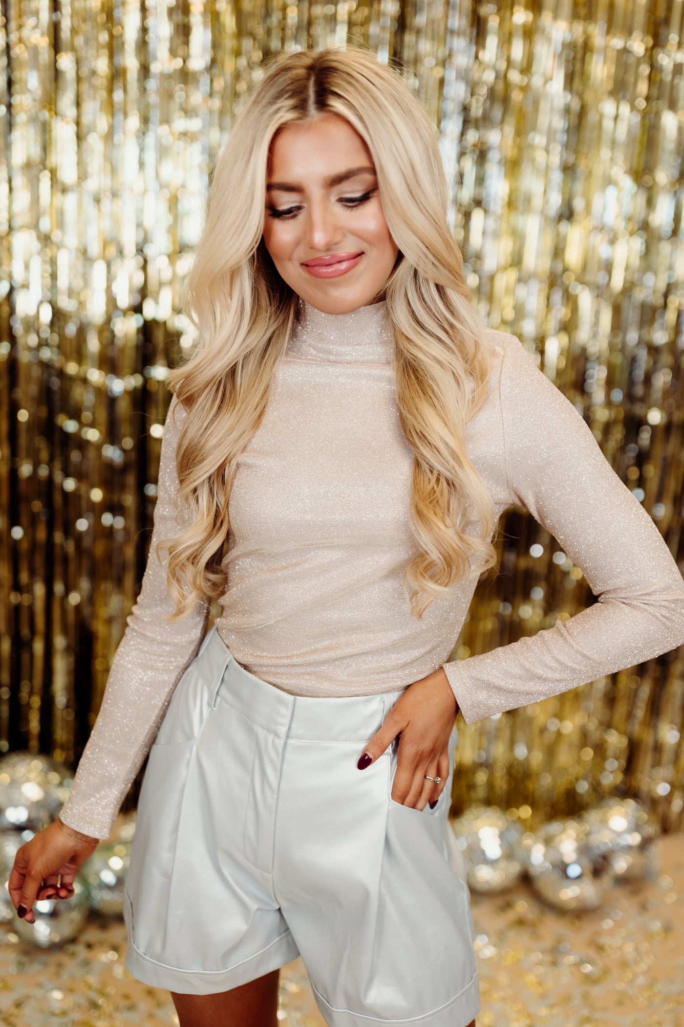 Nude Glitter Mock Neck Bodysuit