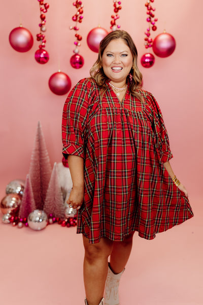 Red Plaid V-Neck Puff Sleeve Mini Dress