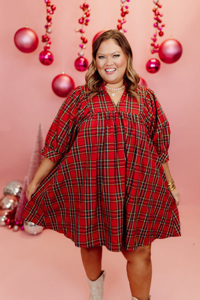 Red Plaid V-Neck Puff Sleeve Mini Dress