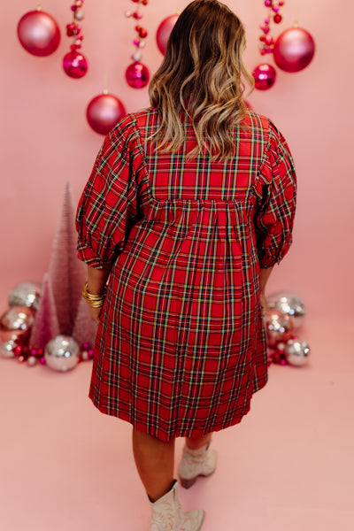 Red Plaid V-Neck Puff Sleeve Mini Dress