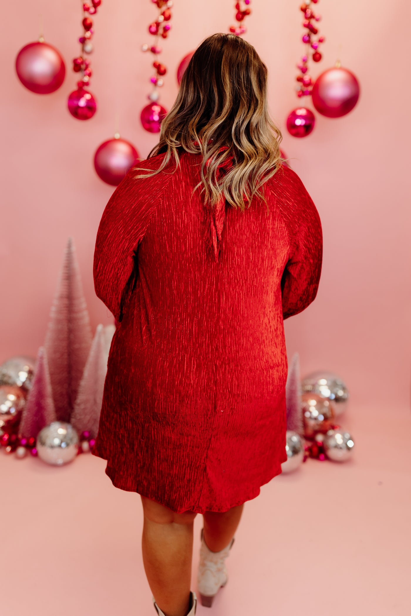 Red Velvet High Neck Raglan Long Sleeve Dress