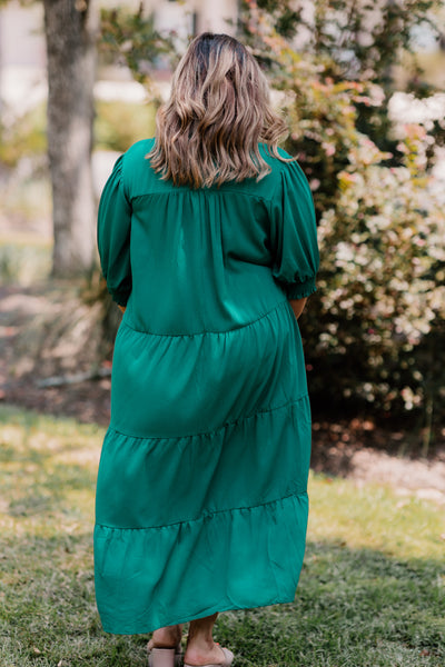 Forest Green Puff Sleeve Midi Dress
