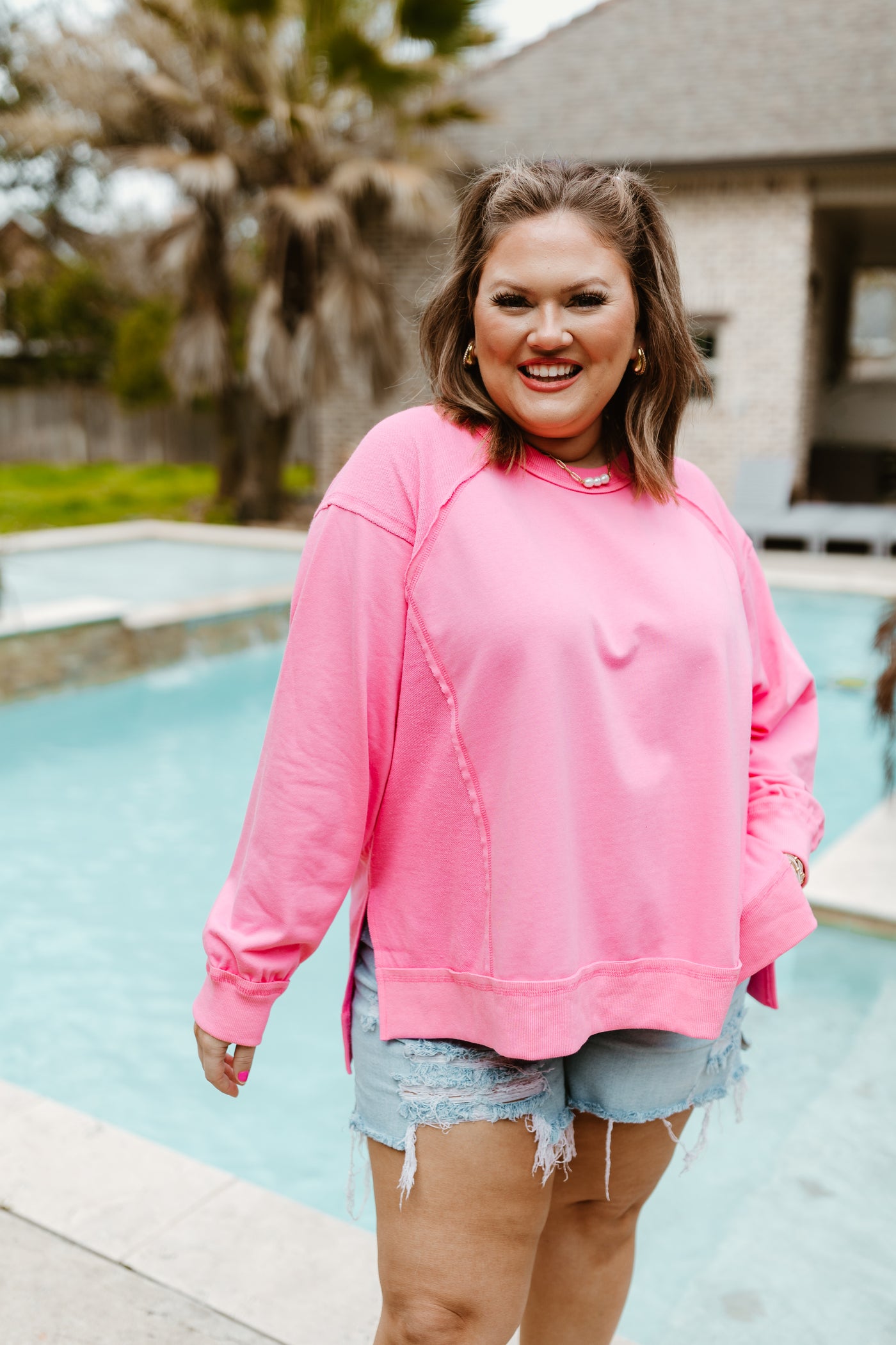 Baby Pink Contrast French Terry Oversized Top