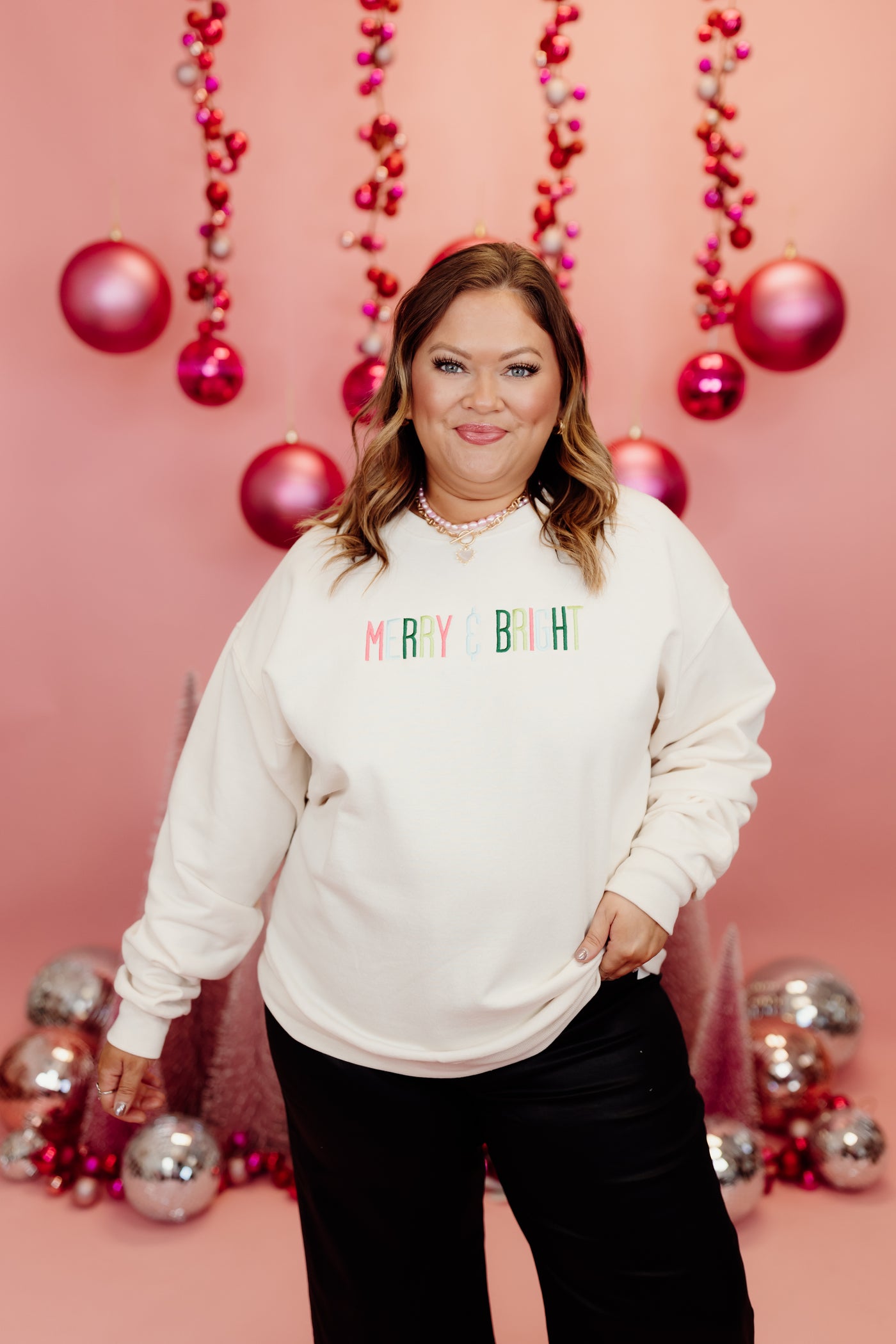 Sweet Cream Embroidered Merry & Bright Sweatshirt