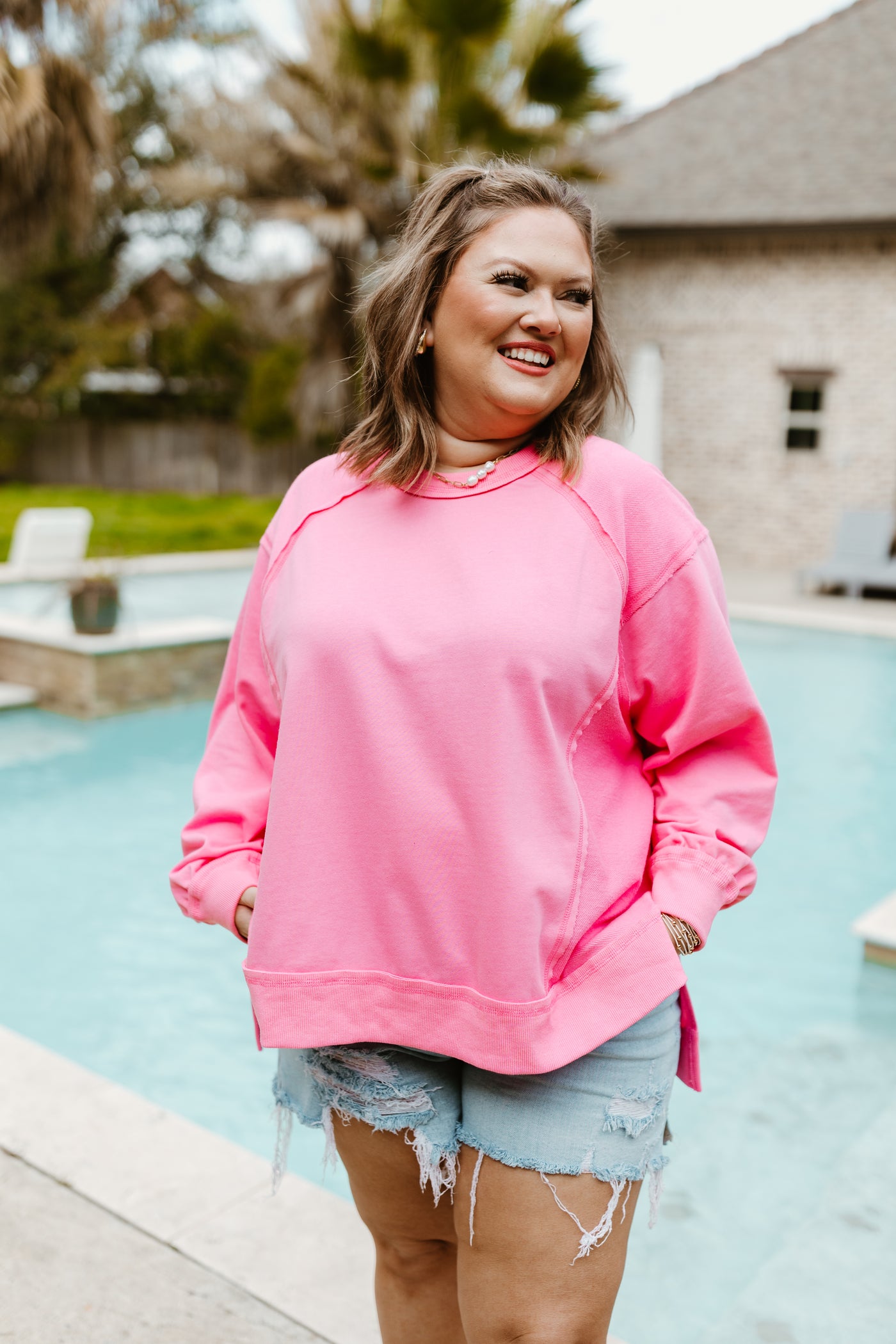 Baby Pink Contrast French Terry Oversized Top