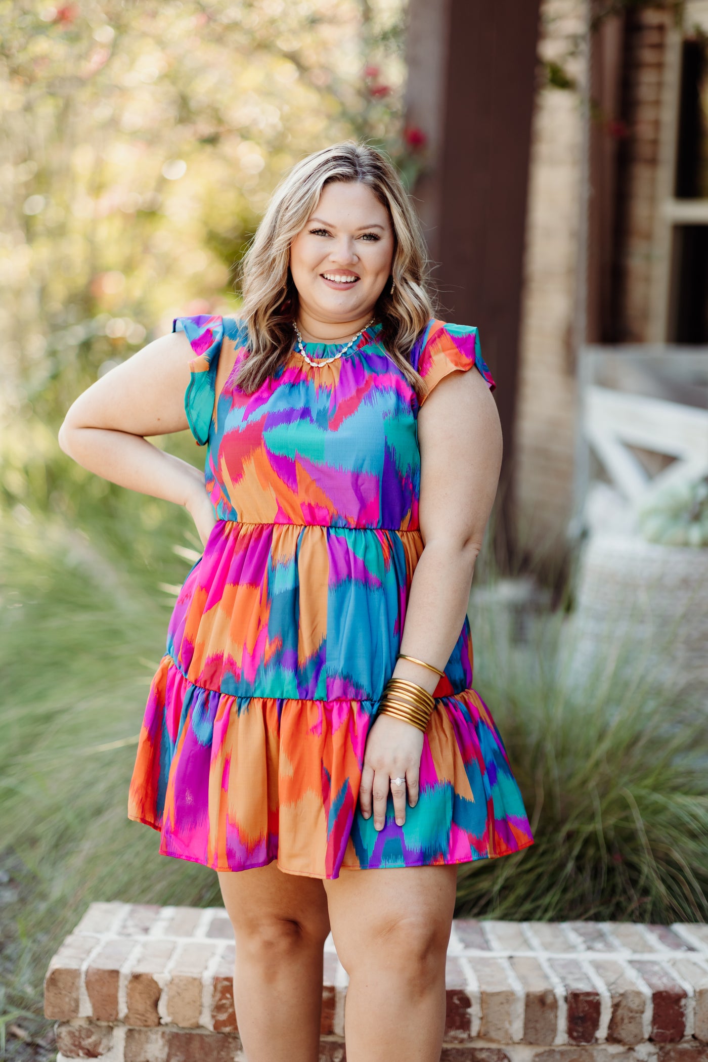 Fuchsia and Blue Abstract Ruffle Tiered Dress