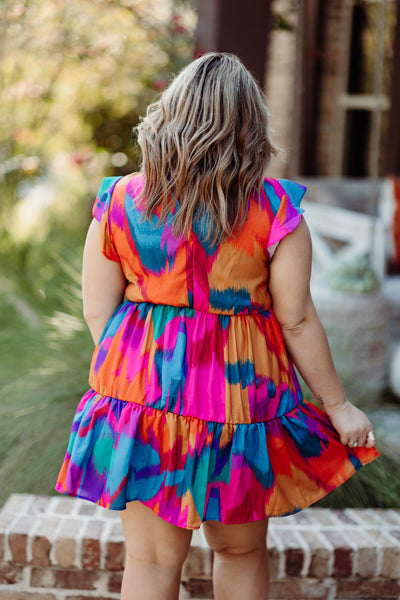 Fuchsia and Blue Abstract Ruffle Tiered Dress