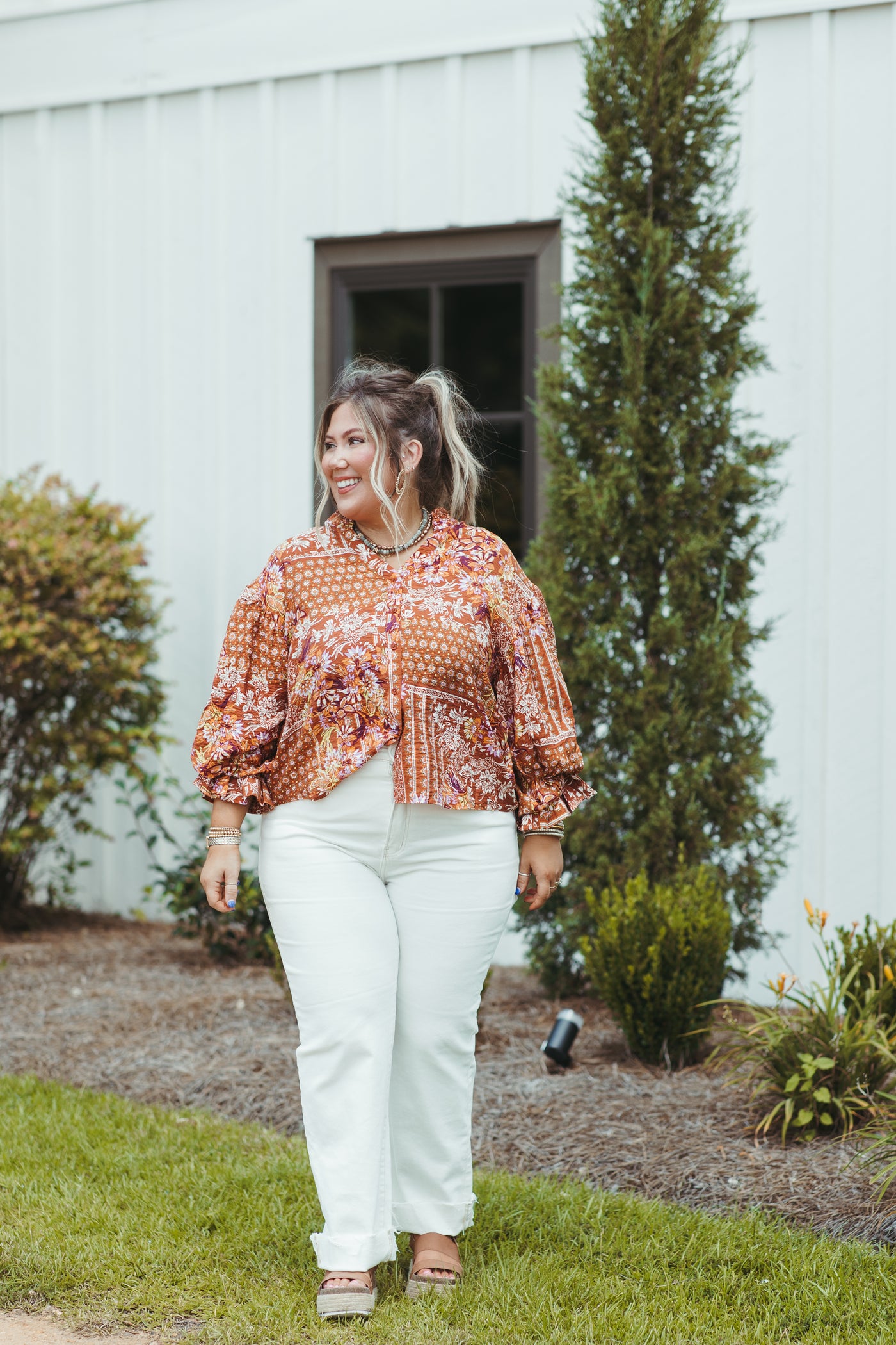 Brown Multi Printed Button Down Blouse