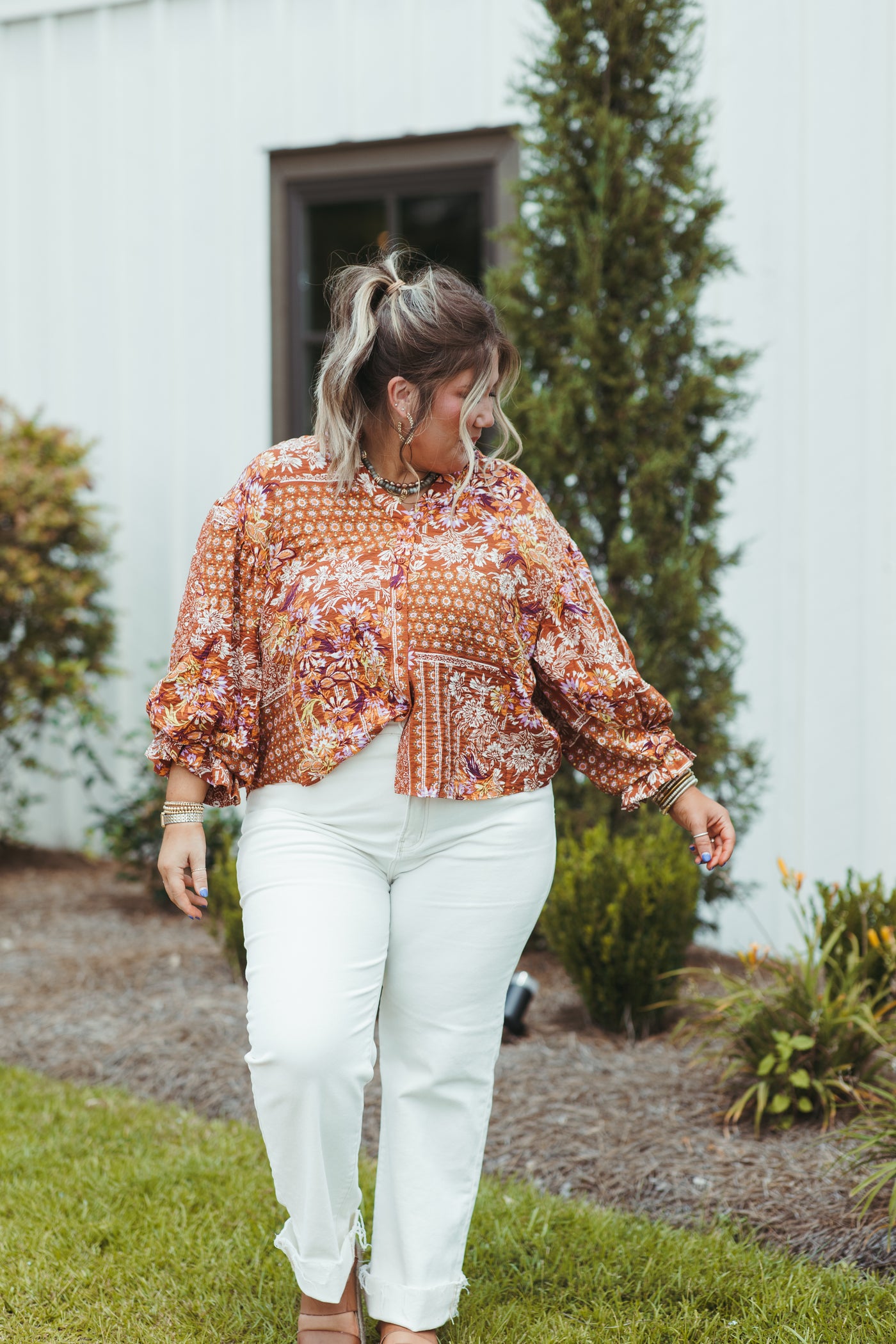 Brown Multi Printed Button Down Blouse