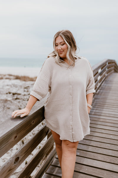 Mushroom Washed Crinkle Button Down Dress