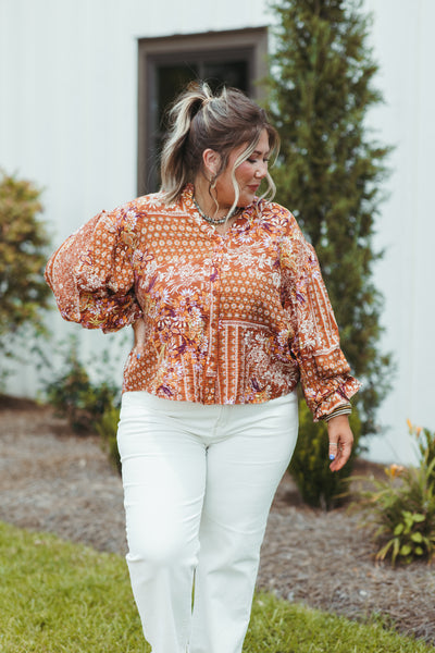 Brown Multi Printed Button Down Blouse