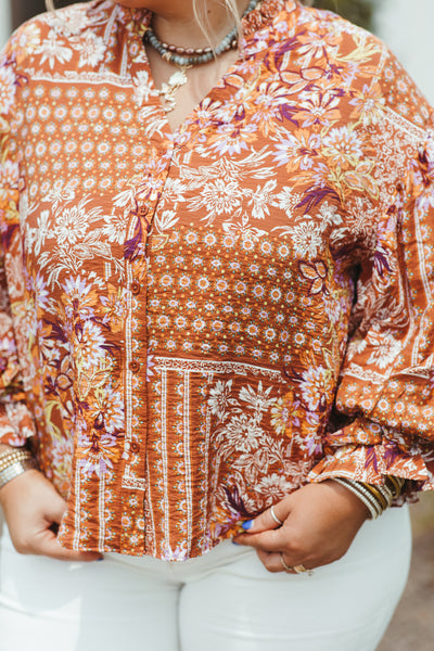 Brown Multi Printed Button Down Blouse