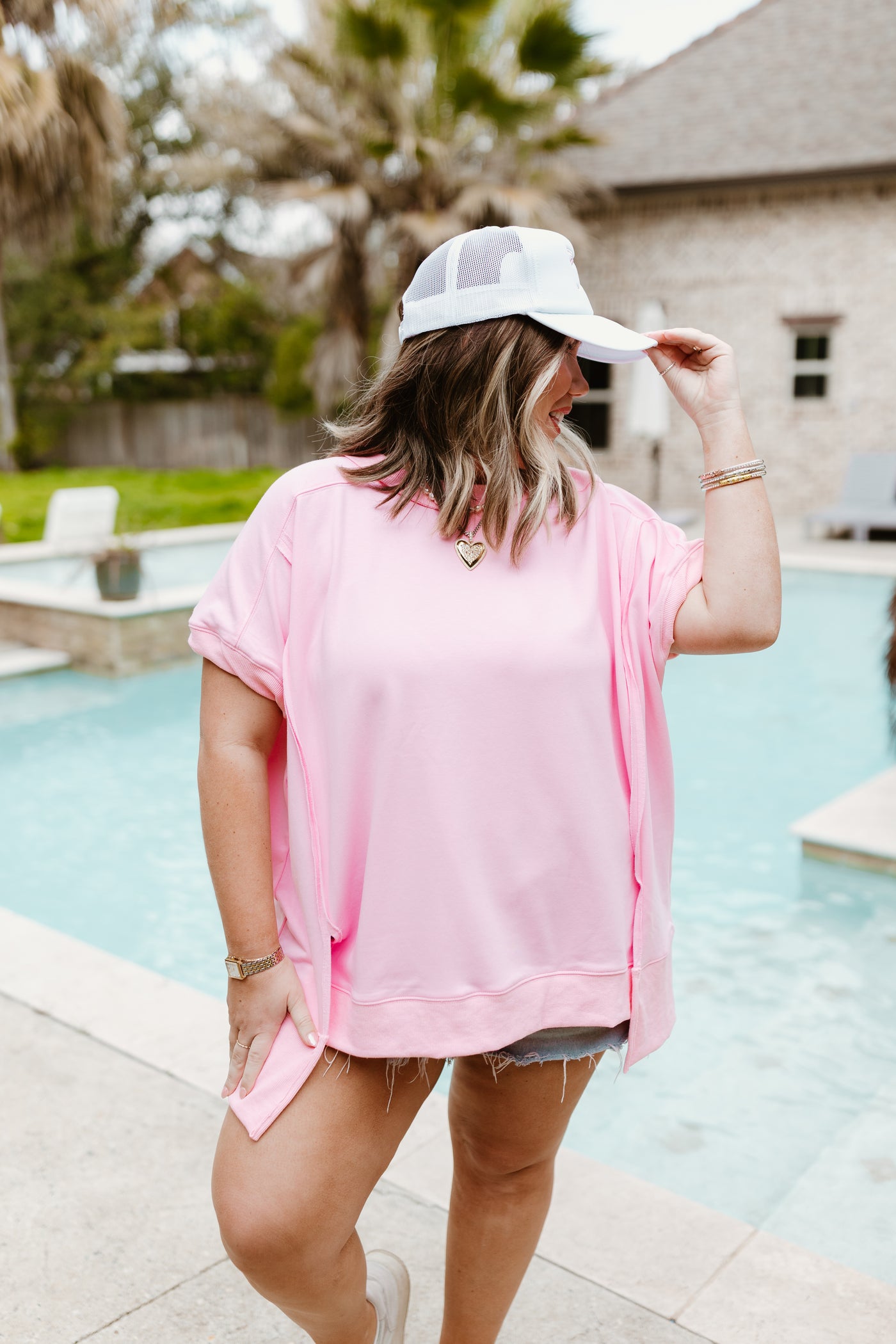 Light Pink Oversized Raw Edge Loose Fit Tee