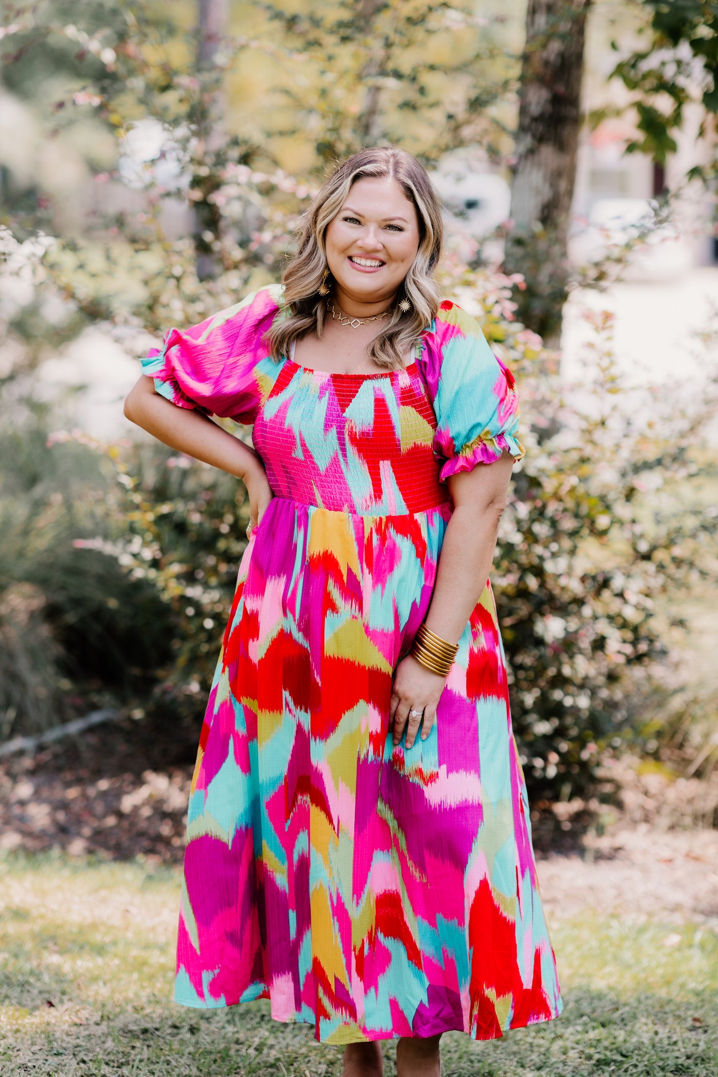 Pink and Purple Mix Abstract Smocked Midi Dress
