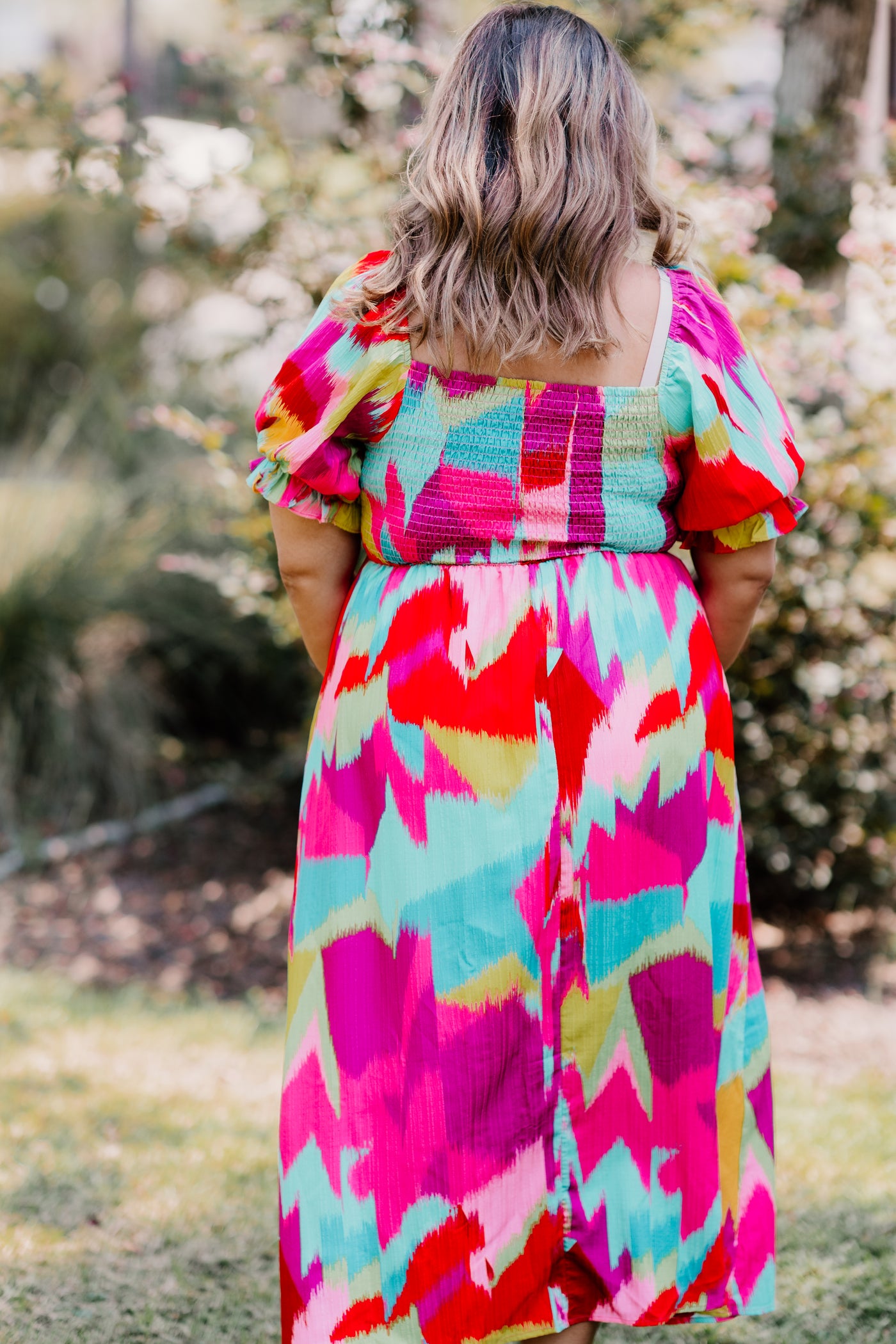 Pink and Purple Mix Abstract Smocked Midi Dress