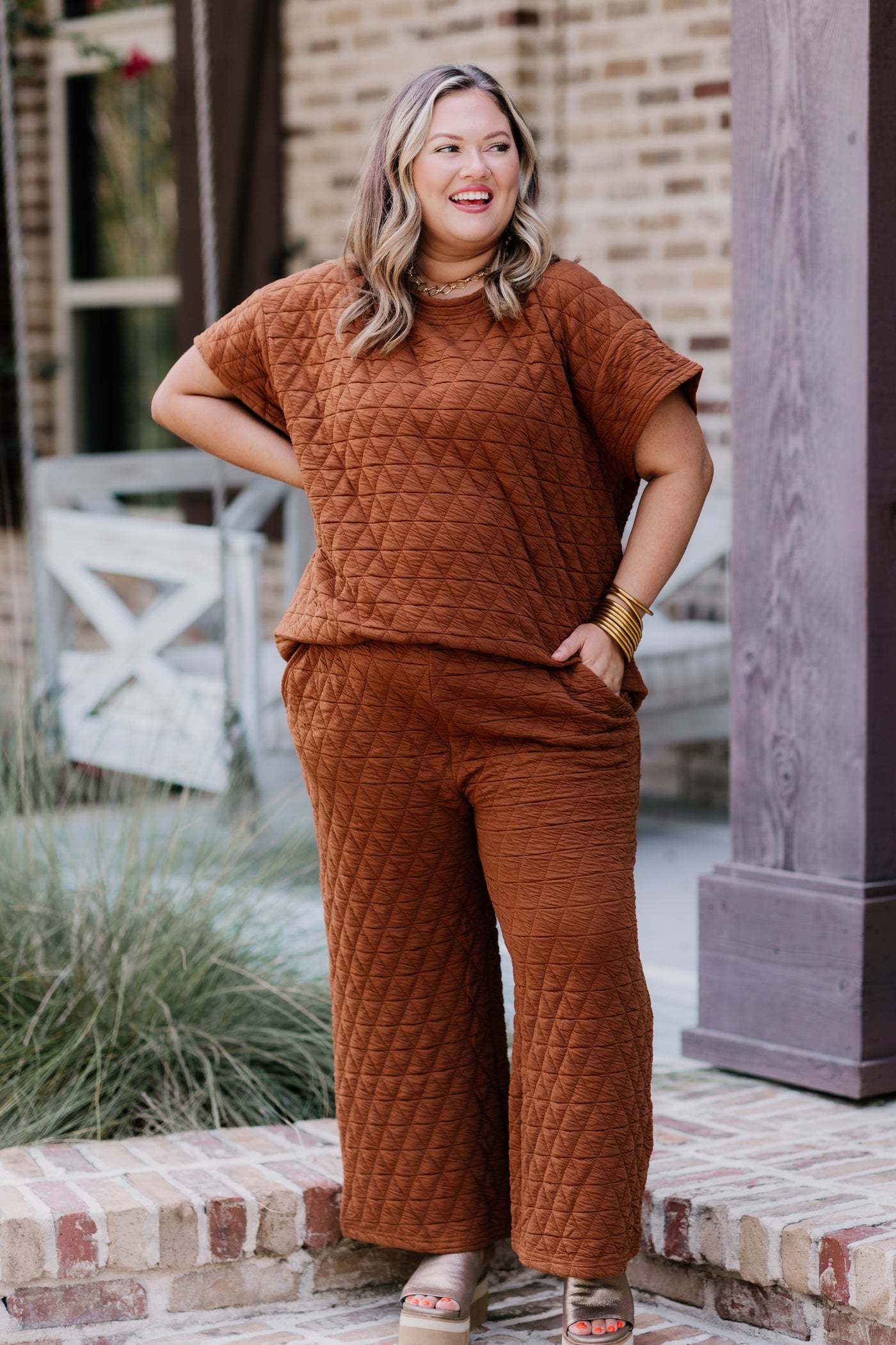 Rust Quilted Drop Shoulder Top and Pant Set