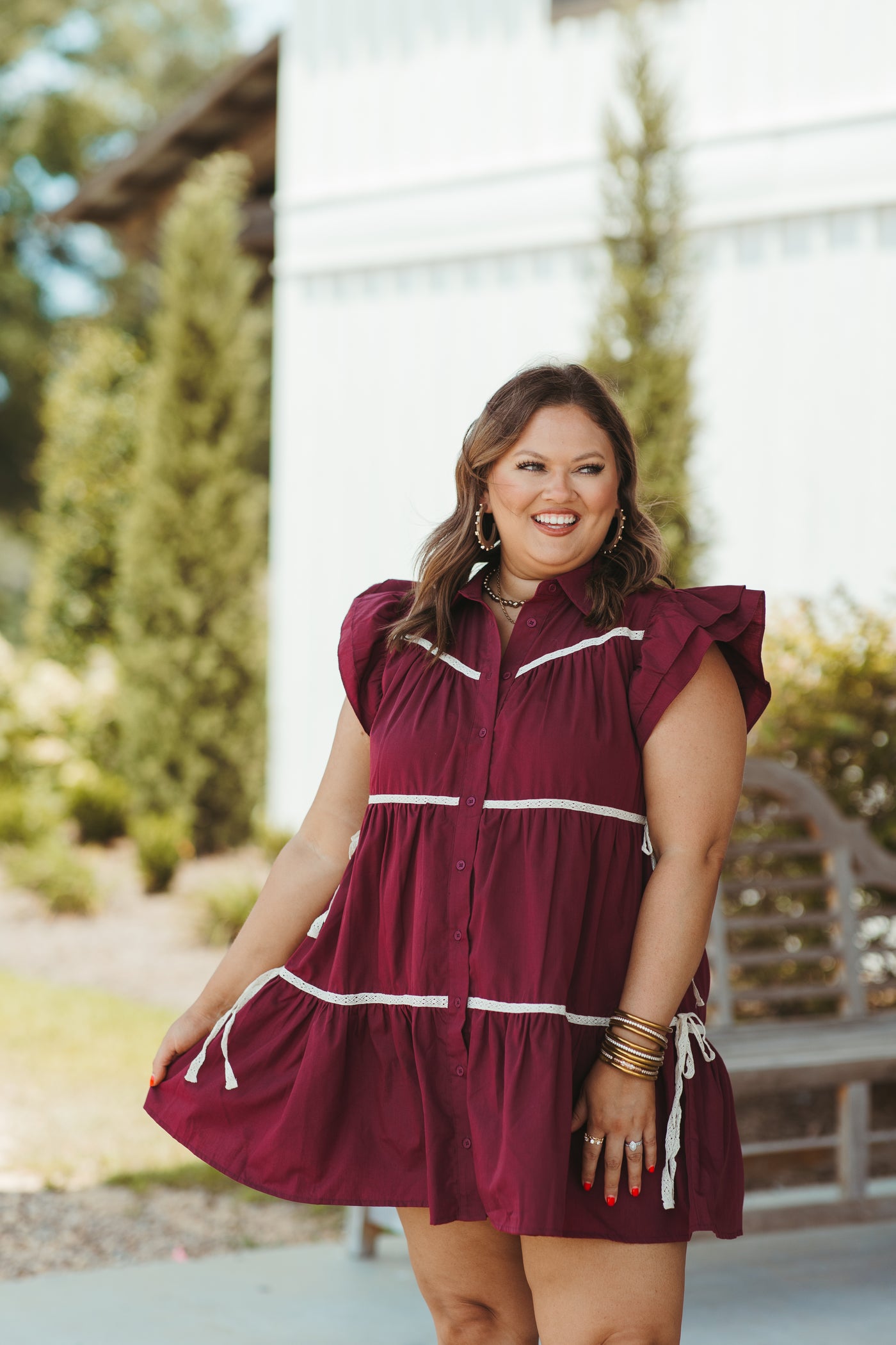 Merlot Tiered Flutter Sleeve Button Down Dress