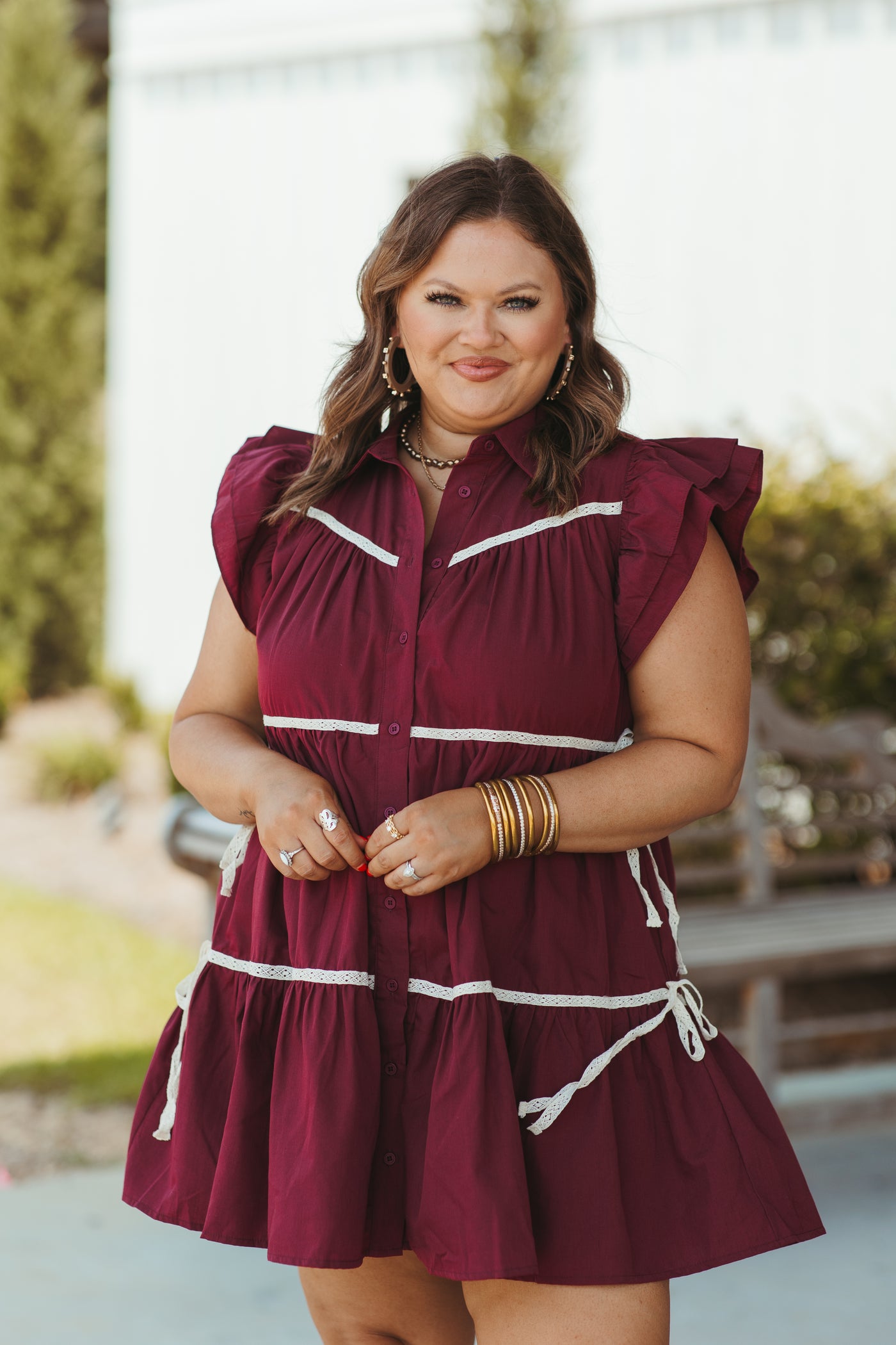 Merlot Tiered Flutter Sleeve Button Down Dress