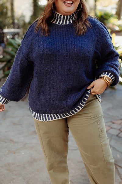 Navy Mock Neck Balloon Sleeve Sweater