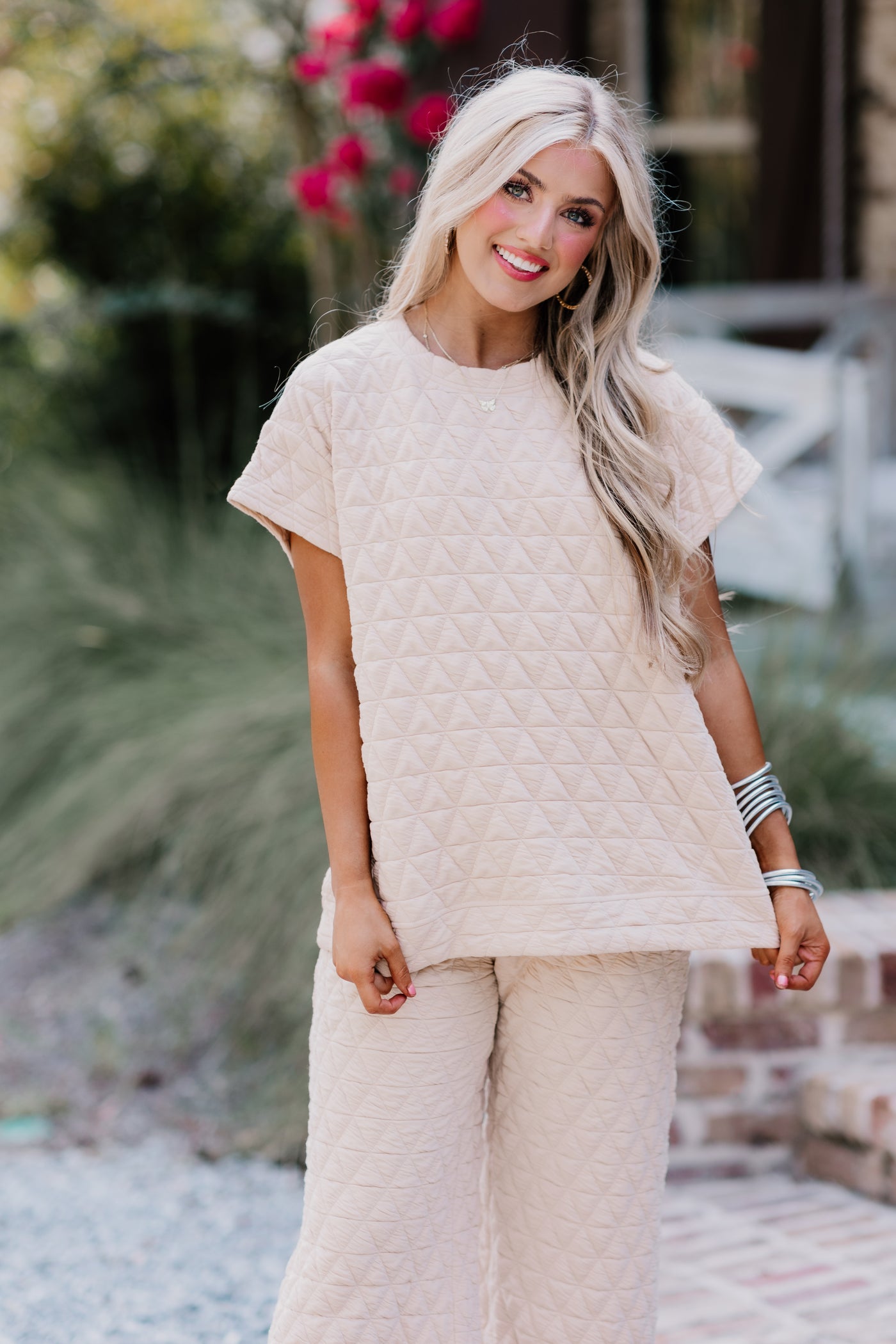 Cream Quilted Drop Shoulder Top and Pant Set