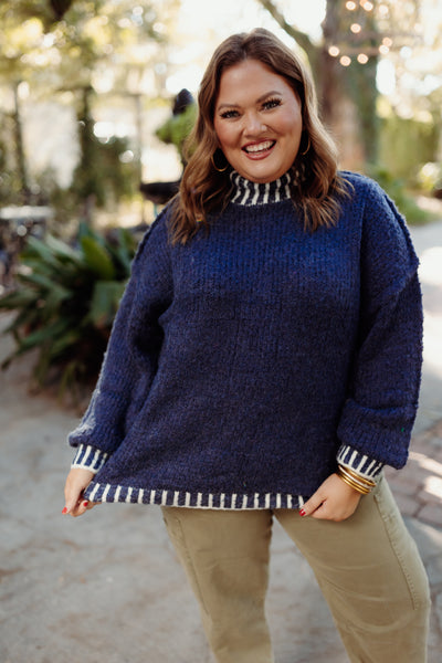 Navy Mock Neck Balloon Sleeve Sweater