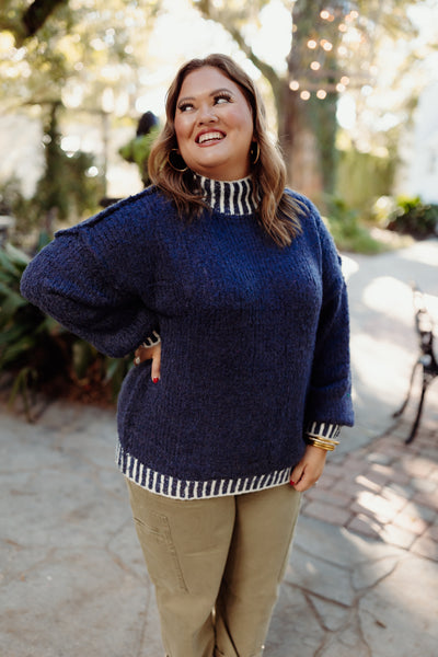 Navy Mock Neck Balloon Sleeve Sweater