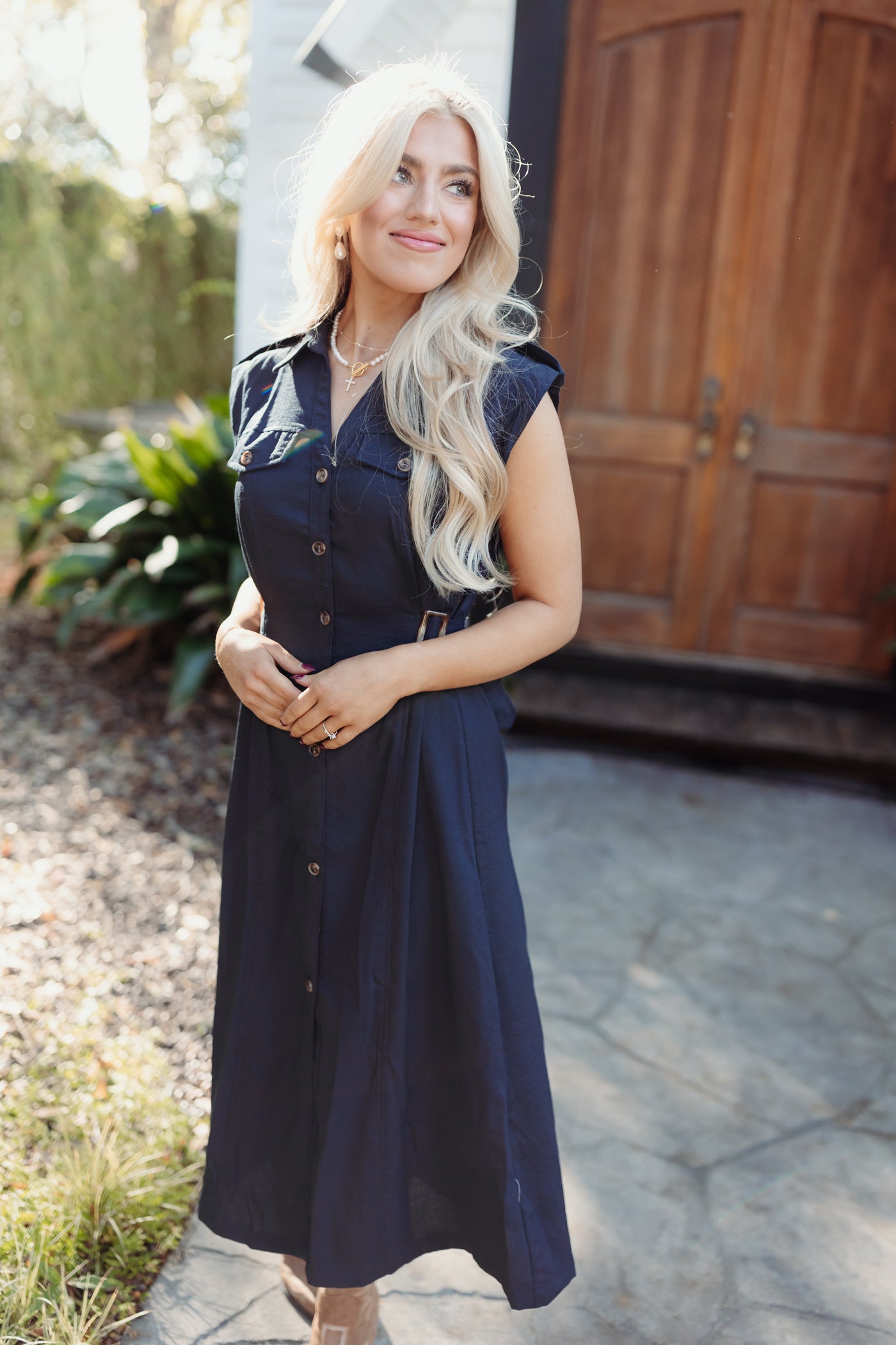 Midnight Sleeveless Button Down Midi Dress