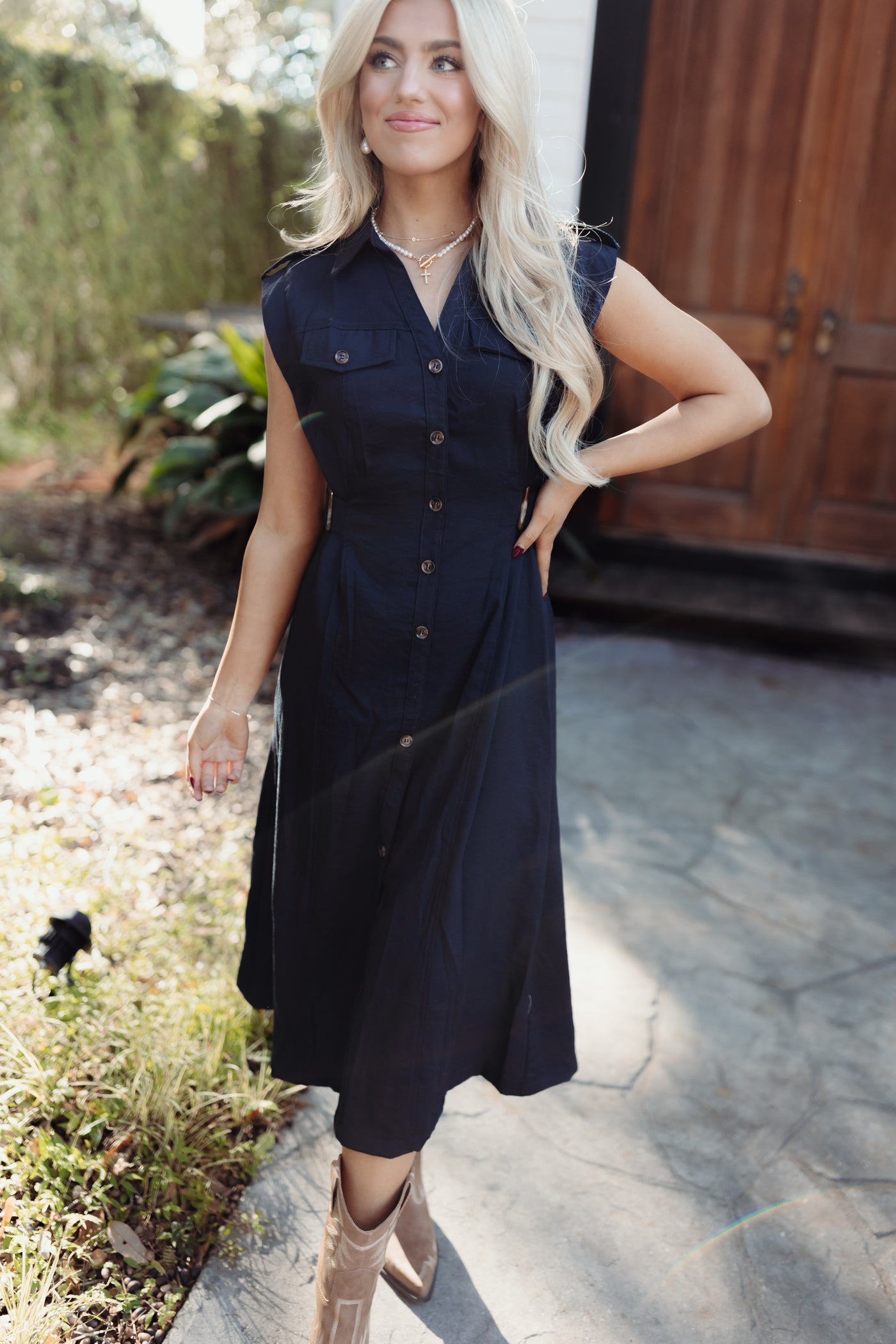 Midnight Sleeveless Button Down Midi Dress